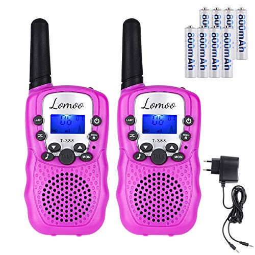 Lomoo Walkie Talkie Recargable, Radio Bidireccional con Rango de Larga Distancia Interphone de 8 Canales para Comunicación en el Hogar/Festival (con 8 Pilas y Cargador, Rosa)
