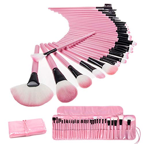 Brochas de Maquillaje,32 Piezas Maquillaje Profesional Pinceles Juego de Brochas de Maquillaje de Ojos Rubor Contorno de los Labios Corrector Brochas Cosméticas con Bolsa de Viaje Negro (Rosa)