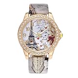 Vintage Paris Eiffelturm Damenmode Uhr Kristall Leder Armbanduhr Chenang Böhmische Eiffelturm Mode Luxus Diamant hübsche Quartz Wrist Watch Rot für Frauen Mädchen Damen (Grau)
