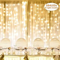 LE Cortina de Luces LED, 6m x 3m 594 LED 8 Modos, Blanco Cálido, para Decoración Navidad, Fiestas, Bodas, etc.