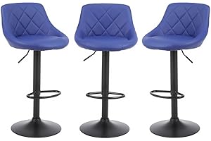 MILLIES DESIGN Set of 3 matching CORDOBA Bar Stools Set with Backrest, Leatherette Exterior, Adjustable Swivel Gas Lift, Black metal parts for Breakfast Bar, PACK OF 3 ! (BLUE)