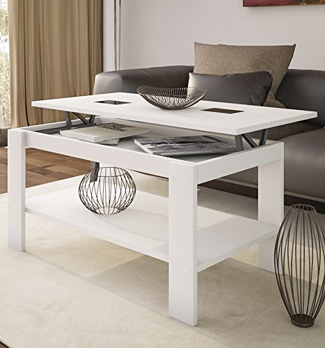 HOGAR24 ES Mesa de Centro Elevable Roma Blanco con Cristales Contrastados en Negro