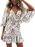 Merkmal: boho; V-Ausschnitt; blumenmuster; mini; strand; rüschen; fledermausärmel; freizeit; reissverschluss hinten; ein wenig rückenfrei.