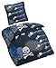 Produktbild Aminata Kids – Bettwäsche 135x200 cm Kinder Jungen Pirat Totenkopf Baumwolle + Reißverschluss Schwarz Blau Weiß Grau Totenköpfe Knochen Sterne Kinderbettwäsche 2-teiliges Bettwäscheset Jungs Bettbezug