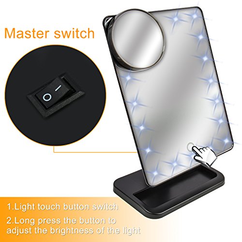 Kosmetikspiegel Beleuchtung mit 20 stück LEDs und 10 X Vergrößerungsspiegel, einstellbare Lichtshelligkeit, Touch-Schalter, 360°Drehbar, mit Baterrie, für Make up, Rasieren, unterwegs - 6