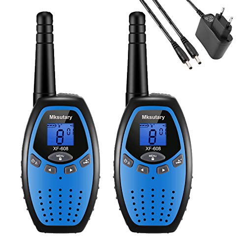 Mksutary Walkie Talkie Recargable, Walkie Talkie Niños Juguetes 8 Canales PMR 446MHz Larga Distancia 3 KM VOX Auto Escanear con Cargador Azul (un par)