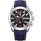 Herren Chronograph, Quarzuhr mit blauem Gummiband, analoges Display, leuchtende Armbanduhr für Männer und Jungen