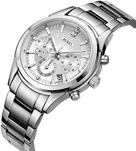 BUREI Men Chronograph Watch Classic Design Wristwatch with Date White Dial Stainless Steel Bracelet