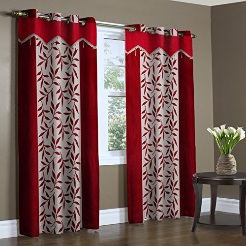 Home Candy Leaves Floral 4 Piece Polyester Door Curtain Set - 7ft, Maroon