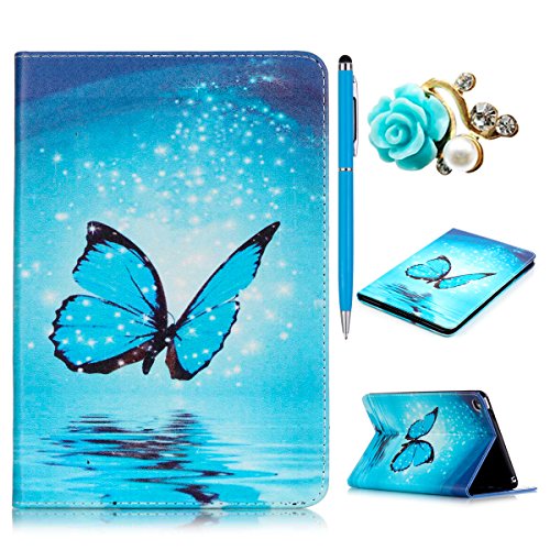 iPad Mini 4 Hülle,iPad Mini 4 Case,iPad Mini 4 Ledertasche - Felfy PU Ledertasche Luxe Bookstyle Flip Standfunktion Magnetverschluss Ledertasche Muster Eule Schmetterling Pfingstrose AugeBunte Malerei Retro Painted Abdeckung Schutzhülle Ablösbar Handliche Case Tasche Etui für Apple iPad Mini 4 (Blue Butterfly) + 1 x Hellblau Stylus + 1 x Blau Blume Dust Plug