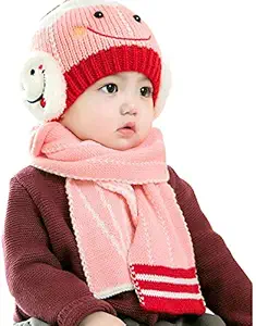 SYGA Baby Girls Boys Cute Cap Hats and Scarf Set, 6-24 Month Knit Warm Baby Winter Cap Hat Beanie Cap Hat_Pink, Circumference:46-50 cm