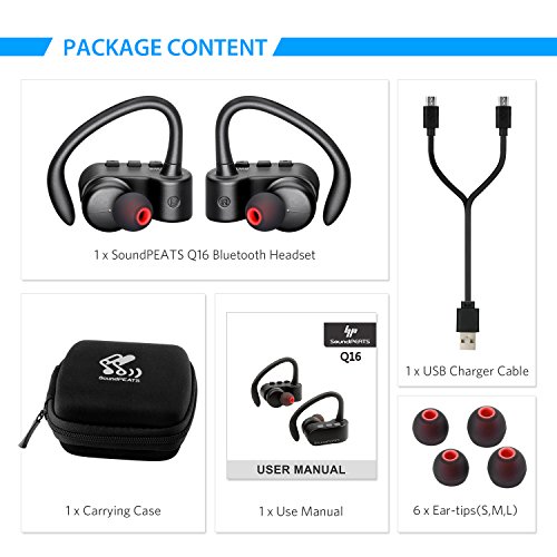 SoundPEATS Q16- Auriculares inal  mbricos con Bluetooth sin cables V4 2  modo est  reo y cascos deportivos con micr  fono y base de carga para correr y hacer ejercicio  color negro