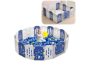 YUENFONG Kojec dla niemowląt, składany, kratka odgradzająca, 16 + 2 panele, z drzwiami i deską do zabawy, kratka ochronna dla małych dzieci i niemowląt (niebiesko-biały)