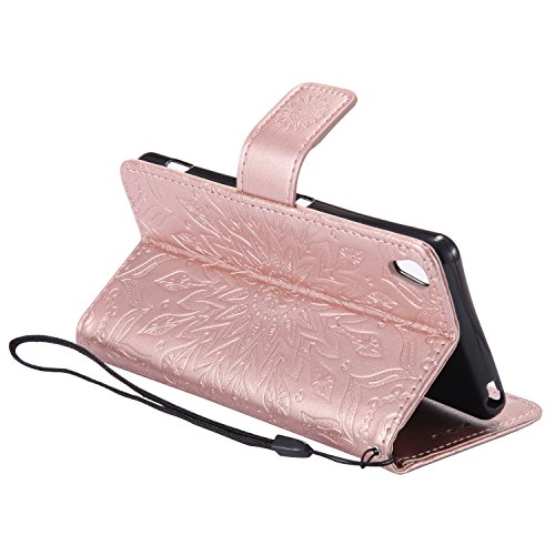 Sony Xperia XA Hülle,Sony Xperia XA Leder Sonnenblumen Hülle,Sony Xperia XA Lanyard Wallet Schutzhülle,BONROY® Retro geprägte Sonnenblumen Muster PU Leder Flip Hülle Wallet Case Tasche Cover Handytasche Schutzhülle Lederhülle Handyhülle in Book Style Stand Case mit Kredit Kartenschlitz für Sony Xperia XA-Rose Gold - 6
