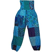 Mogul Interior Women's Harem Pant Blue Patchwork High Waist Hippie Boho Yoga Trouser