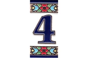 TORO DEL ORO Números para casas. Números y Letras en cerámica esmaltada, Pintados a Mano con la técnica de la cuerda seca. Nombres y direcciones. Mini Flor Azul 3,5 cms x 7,5 cms (Número cuatro "4")