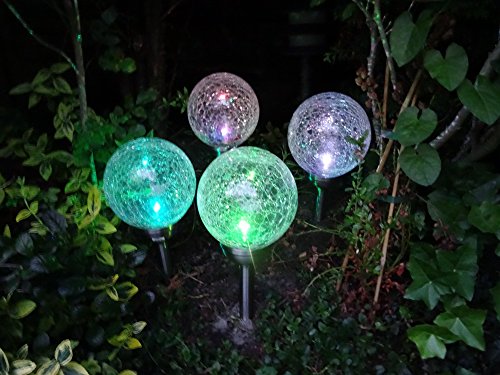 4er Set LED Solar Gartenleuchte mit Erdspieß – praktischer 4er Set Solar Gartenleuchten Kugel Leuchten Kugel Garten Beleuchtung – hochwertige Premium Solar Lampen mit 2 LEDs, weiß oder Farbwechsel auswählbar – Kristall Edelstahl Echtglas Kugel 12 cm Durchmesser – Premium Kugelleuchten aus Edelstahl und Echtglas im Kristalldesign – stilvolle und wunderschöne Gartenleuchte, wahlweise weiß oder Farbwechsel auswählbar - 3