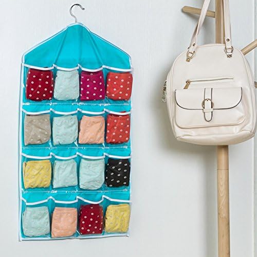 LALILEI Hanging Storage Bags - 16 Pockets Foldable Girls Travel Underwear Socks Bag, Vintage Make Up And Organiser Space Saving (Blue)