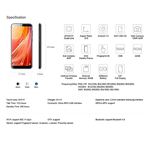 HOMTOM S7 Smartphone 4G-LTE Android 7.0 5.5 Pollici MTK6737 Quadcore 1.3GHz 3GB RAM 32GB ROM Fotocamera Davanti 8MP Indietro Dual 13 MP + 2MP 2900mAh Impronta Digitale