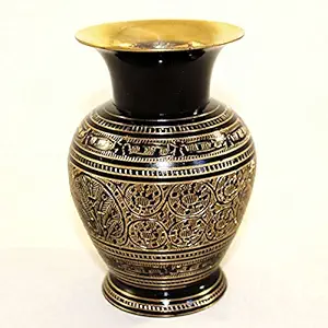 SkyWalker Metal Hand Crafted Collectible Art Bidri Nakkashi Work Flower Vase, 5 Inch, Gold, Black