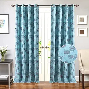 Deco Window Set of 2 Blackout Curtains for Doors 7.5 Feet Floral Room Darkening Thermal Insulated Soft Touch Polyester Privacy Panels with Stainless Steel Grommets (Turquoise)