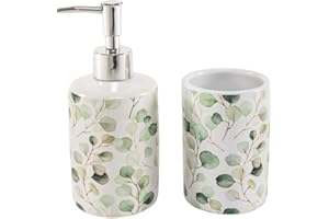 ROCKING GIFTS Juego de baño con diseño de Hojas, Dispensador de Jabón y Vaso de Cerámica, Estilo Elegante y Minimalista