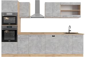 Vicco Cucina componibile R-Line, Calcestruzzo/quercia dorata, 300 cm con armadio alto, senza piano di lavoro