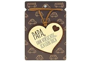 ‎POWER GIFT PAPA FAHR VORSICHTIG, ICH... Glücksanhänger aus Holz fürs Auto Rückspiegel. Aufhänger mit Lederriemen. (Spiegelanhänger 003)