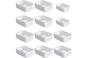 Nuangoo Panier de rangement en plastique,Lot de 12 paniers de rangement empilables avec poignées pour Cuisine,Placard,Bureau (Blanc)