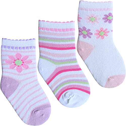Baby Girls Cotton Rich Floral Flowers & Cupcakes Socks (3 Pair Multi Pack) (UK 3-5.5 (EUR 19-22), Flowers & Stripes)