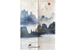 Oduo Giapponese Noren Tenda per Porta in Lino, Stampa Paesaggio Divisorie Lunga Tappezzeria Giapponese della Porta Tenda per la Decorazione Porta Finestra Cucina (Lago di Montagna,85x90cm)
