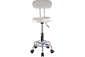 XJYMCOM Round Rolling Stool Salon Stool PU Leather Swivel Stool Massage Chair with Back and wheels Footrest Beauty Stool Adjustable Swivel Hydraulic Gas Lift Stool for Shop Office and Home (White)