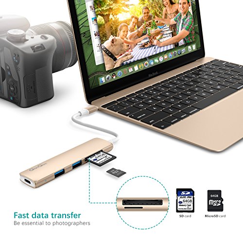 Type C Hub EgoIggo GN22A USB C Adapter USB C Kabel auf 2 Superspeed USB 3.0 Ports, 1 USB C Port mit PD, 1 SD Kartenleser und 1 MicroSD Kartenleser Aluminium Gehäuse geeignet für MacBook, MacBook Pro, Google Chromebook, Huawei Matebook (Gold) - 4