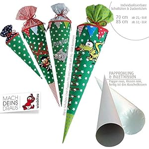Schultüte, Zuckertüte in 70 cm oder 85 cm, grün große Sterne inklusive Papprohling mit vielen Personalisierungsmöglicheiten, als Kuschelkissen weiter nutzbar
