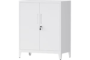 ‎LVSTEEL LVSTEEL Aktenschrank, abschließbarer Mehrzweckschrank mit 2 höhenverstellbaren Einlegeböden, Stahl-Büroschrank mit 2 Türen, Weiß, 100×80×40 cm
