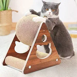 AGYM Upgraded Cat Scratcher Toy, Natural Sisal Cat Scratching Ball Toy with Cat Scratch Posts Base, Scratching Ball for Cats and Kittens, Solid Wood Scratcher Pet Toy, Diameter 7.8 Inch, Large