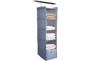 Liesun Wandregal, Hängeregal mit 5 Fächern und 1 Schubladen, Hängeregal, Kleiderschrank, Hängeorganizer, Mehrzweck-Stoff, Grau