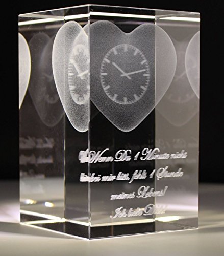 VIP-LASER 3D Glaskristall Quader XL 3D Herz mit Uhr und Text „Wenn Du 1 Minute nicht bei mir bist, fehlt 1 Stunde meines Lebens! Ich liebe Dich!“ graviert - 2