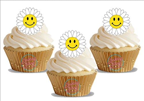 Smiley Daisy Flower 12 Standup Edible Premium Wafer Paper Cake Toppers Decoration 12 X 55Mm