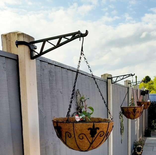 Hanging Basket Brackets for Concrete Fence Posts [2 PACK] Supports Easy Fill Baskets, Lantern Bird Feeders Adjustable Height