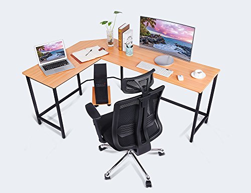 L-Shaped Corner Computer Desk and Mesh High Back Office Chair (Chair+Desk (Wooden)