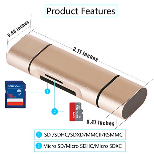ZEDELA SD/TF Kartenleser mit Adapter 3-in-1 USB-A/Micro USB/USB-C Typ-C,SuperSpeed Memory Card Reader USB Kartenlesegerät für Micro SD/SDXC TF Kartee(Golden) - 2