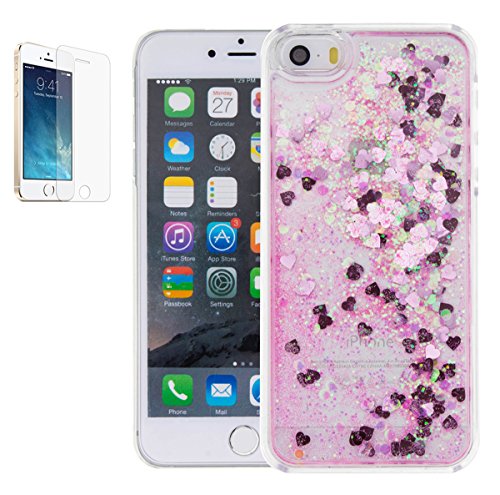 Preisvergleich Produktbild Apple iPhone 5 / 5s / SE Hülle mit Schutzfolie,Ultra Slim Crystal Clear Paillette Bling Bling Hart PC Treibsand Schutzhülle,Glitzer Wasserdicht Shockproof Anti Slip Stoßfest Protection Transparent Durchsichtig Handyhülle Bumper Thin Glitter Shinning Cover Tasche für Apple iPhone 5 / 5s / SE 4.0Zoll-[rosa]+Panzerglas / Schutzfolie / Displayschutzfolie