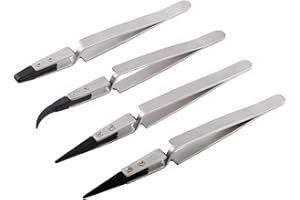 Pinces antistatiques WANDIC, lot de 4 pinces de précision auto-bloquantes en acier inoxydable, avec embouts en plastique, pour composants électroniques, laboratoire, création de bijoux.