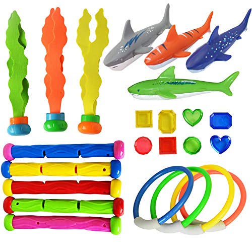 Angusiasm 24pcs Giocattoli da Immersione 4pcs Anelli da Immersione 4pcs Toypedo Bandits 5pcs Bastoncini da Sub 8pcs tesori dei Pirati 3pcs Erba acquatica Immersione Giocattoli da Piscina