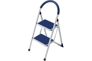 Bakaji Scala Scaletta Pieghevole Salvaspazio con Gradini Antiscivolo e Maniglione di Sicurezza Sgabello Scaletto Struttura in Acciaio e Rivestimento in Gomma Portata massima 150kg (2 Gradini Blu)