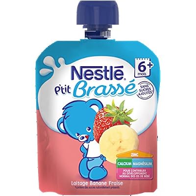 Nestlé Bébé P'tit Brassé Banane Fraise - Laitage dès 6 mois - 1 gourde 90g - Lot de 16