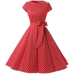 Dressystar Vestidos Coctel Corto Vintage 50s 60s Manga Corta Rockabilly Elegante Mujer Rojo Blanco Lunares A XL