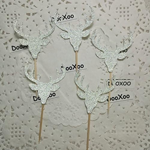 DOOXOO Deer Cupcake Toppers, Deer Party, Hunting Cake Topper,Silver Glitter,Animal Party Favors,Deer Decor,Cake Decoration,Hunting Birthday Party ( Set of 12 )