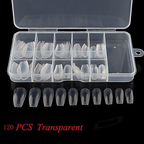 GEBI 120Pcs DIY Nail Art Tips Full Cover False Ballerina Nails Coffin Shape（Transparent，With Box）